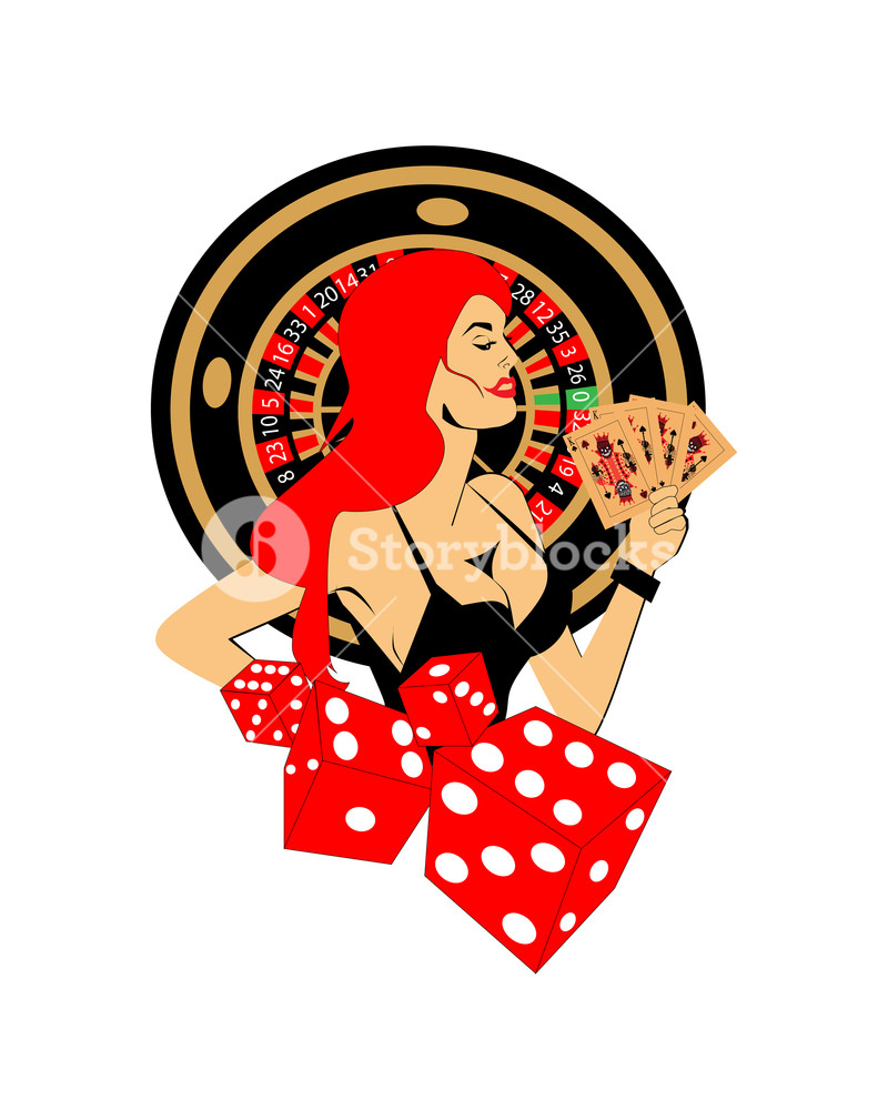 791x1000 Casino Logo With Red Hair Girl, Dices, Roulette Wheel And Cards