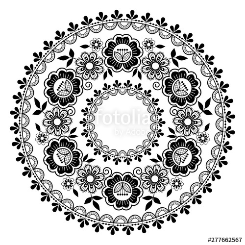 500x500 Round Lace Vector Black Pattern, Retro Mandala Design With Flowers