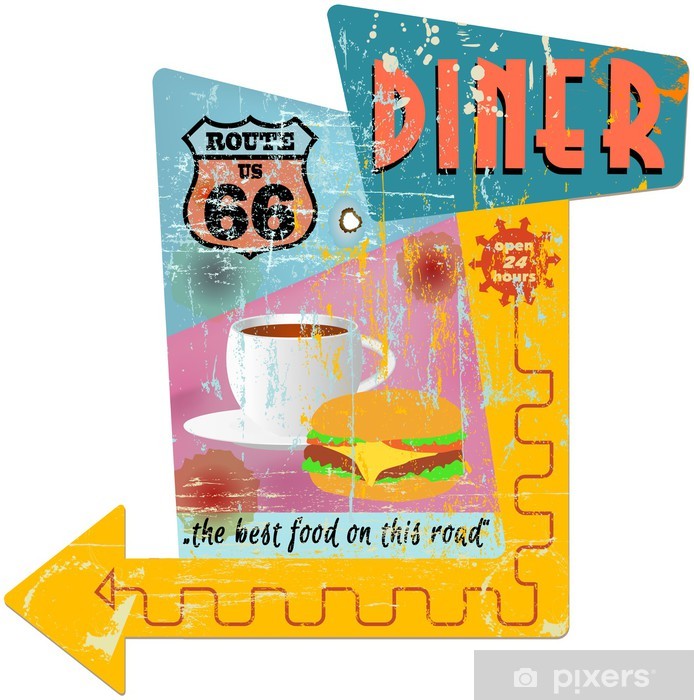 694x700 Retro Route Diner Sign, Vector Illustration Wall Mural Pixers