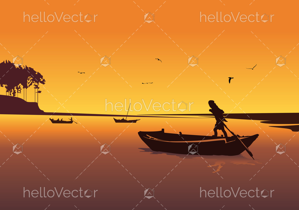 1024x719 Sunset Background With River Silhouette Of Man In Boat Rowing