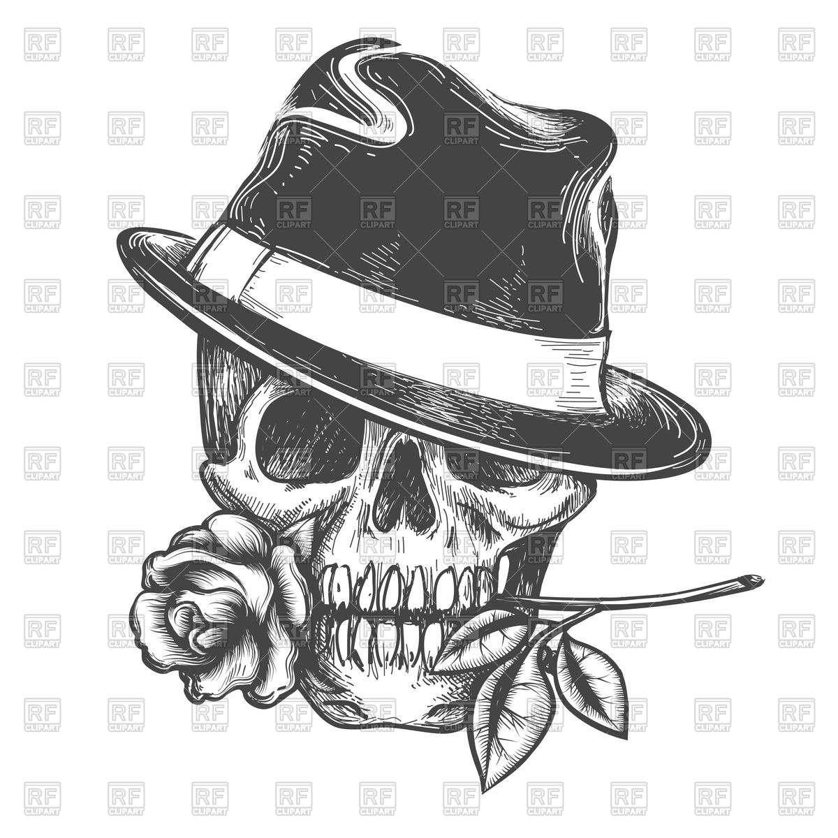 1200x1200 Skull In Hat With Rose Flower In The Mouth Vector Image