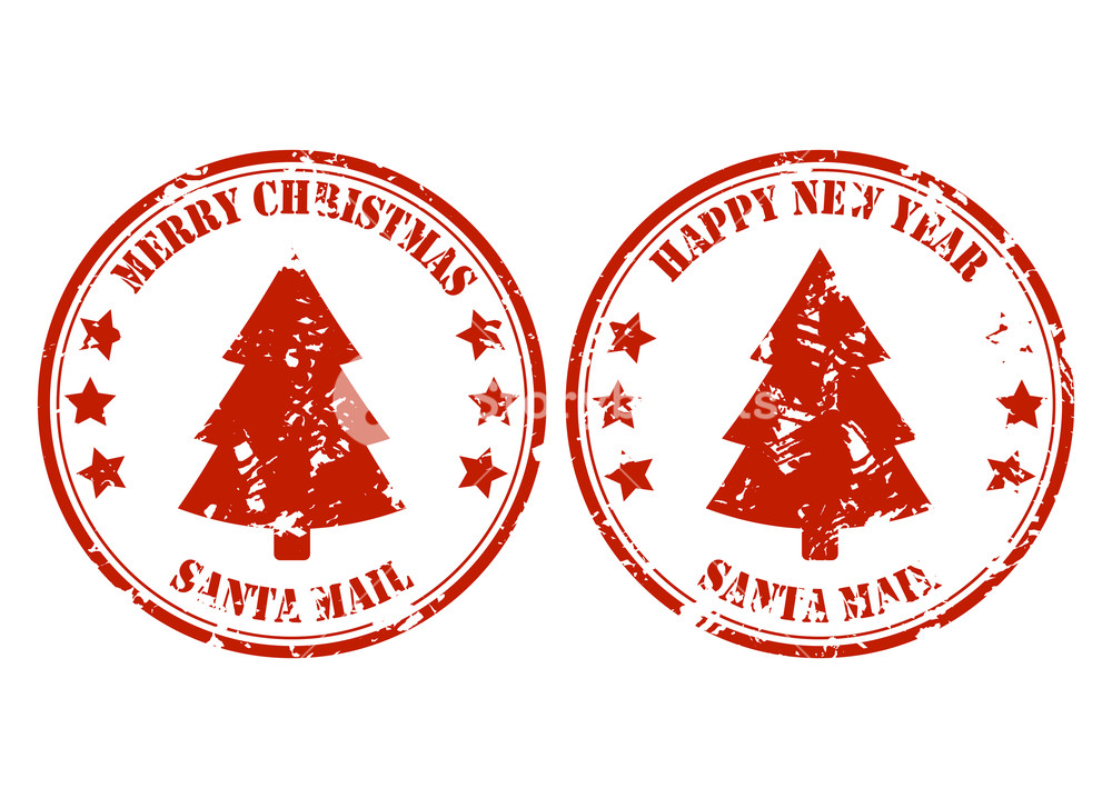 1000x727 Santa Post Mail Rubber Stamp With Xmas Tree Vector Gift Delivery