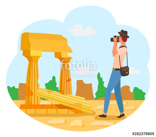 500x439 Tourist In Hat With Photo Camera, Man Photographer In Blue