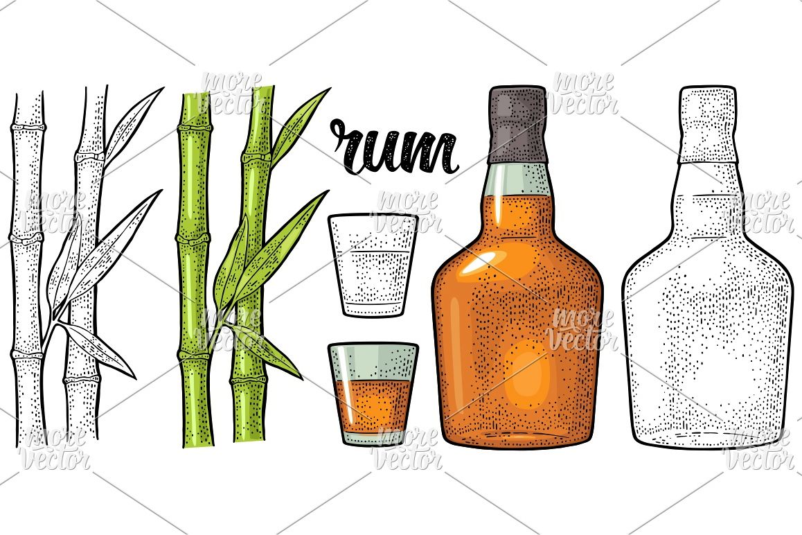 1158x772 Glass And Bottle Of Rum With Sugar Cane Vintage Vector Color