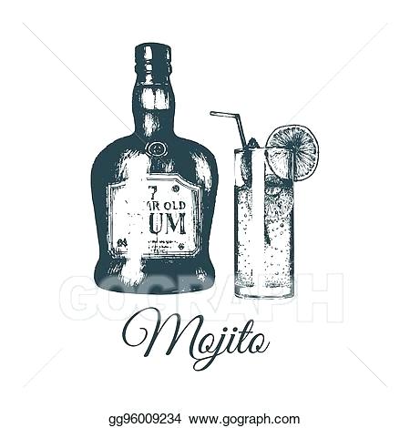450x470 Mojito Glasses Gift Set Hand Sketched Glass And Rum Bottle