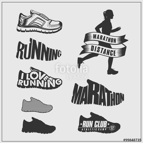 500x500 Running Set Silhouettes Of Running Women, Shoes, Logos And Labels