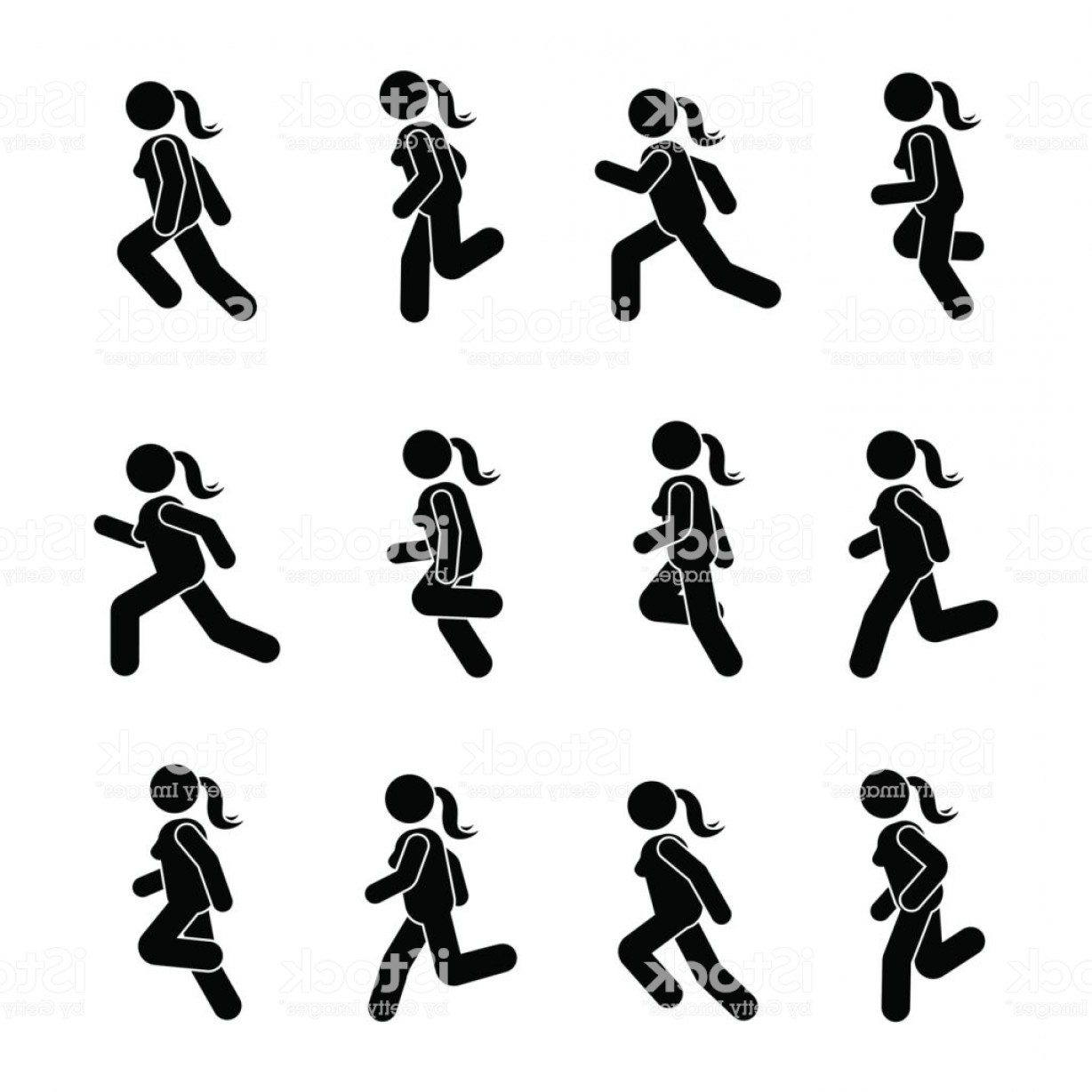 1228x1228 Woman People Various Running Position Posture Stick Figure Vector