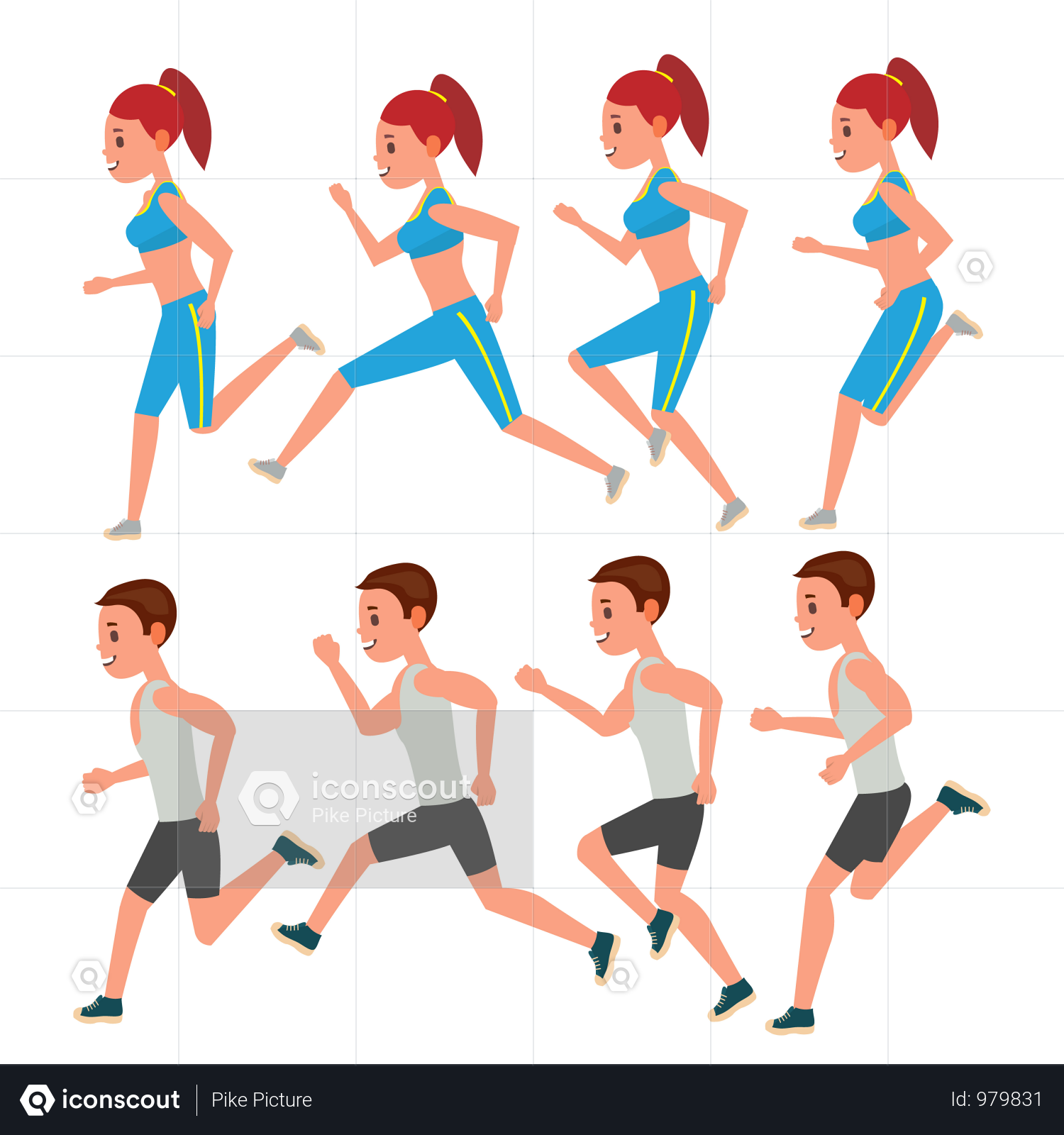 1500x1600 Premium Male And Female Running Vector Animation Frames Set