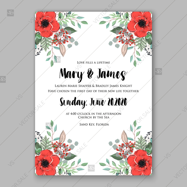 600x600 Red Poppy And Greenery Rustic Wedding Invitation Vector Template