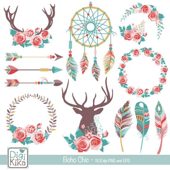 570x570 Boho Chic Clipart Rustic Wedding Clip Art Tribal Vector Etsy