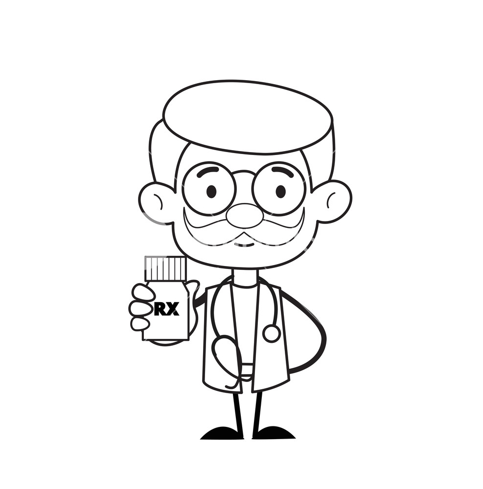 987x1000 Comic Doctor Showing Rx Medicines Vector Royalty Free Stock Image