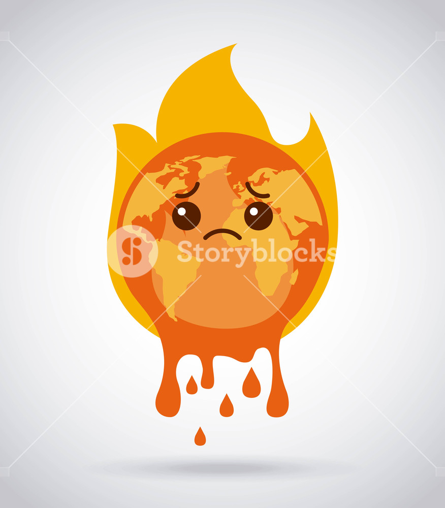 876x1000 Melting Cartoon Planet Earth Burning Fire Sad Vector Illustration