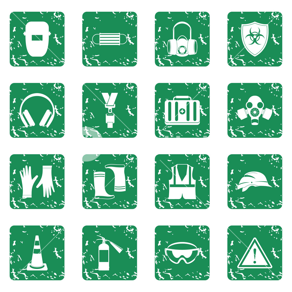 1000x1000 Safety Icons Set In Grunge Style Green Isolated Vector