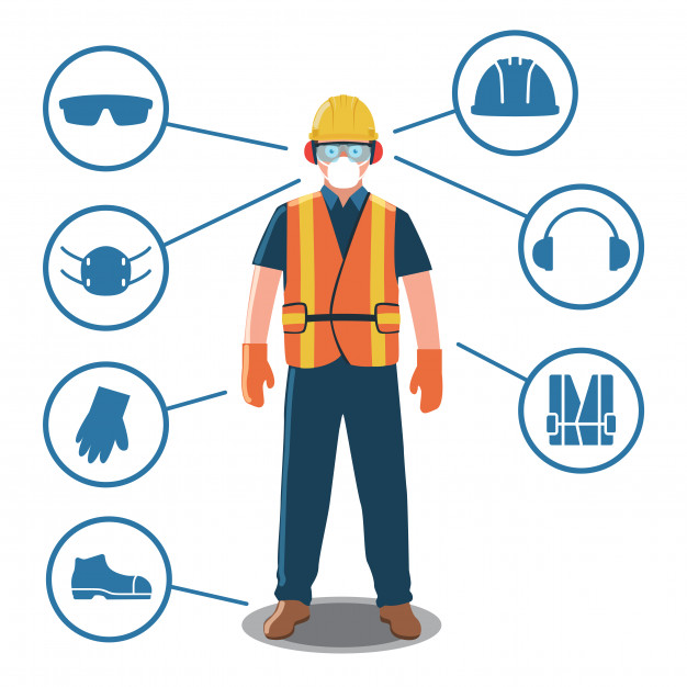 626x626 Worker With Personal Protective Equipment And Safety Icons Vector