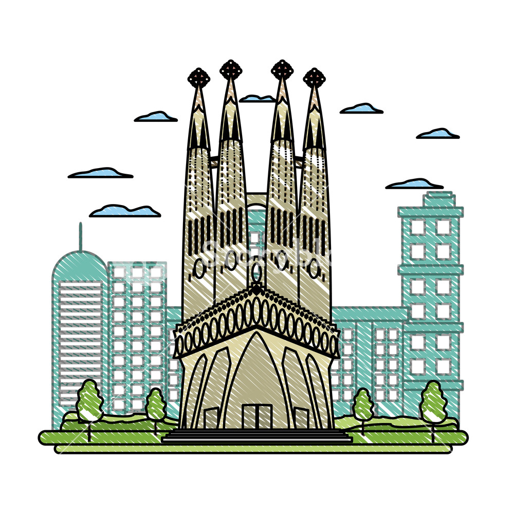 1000x1000 Doodle Sagrada Familia Tower And Nice Cityscape Vector