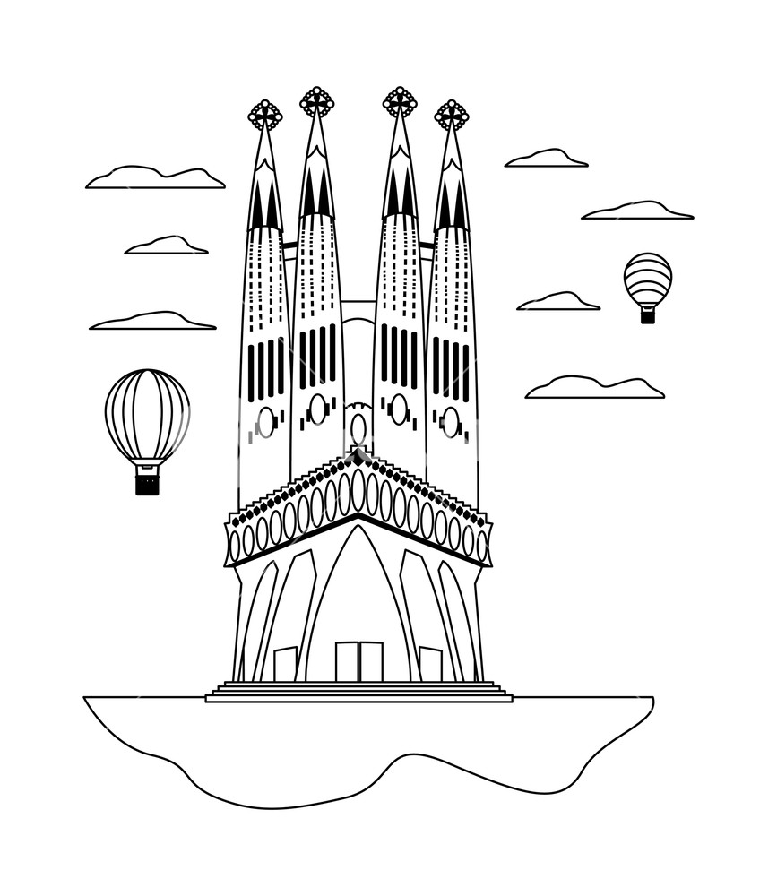867x1000 Line Sagrada Familia Tower And Air Balloons Vector Illustration