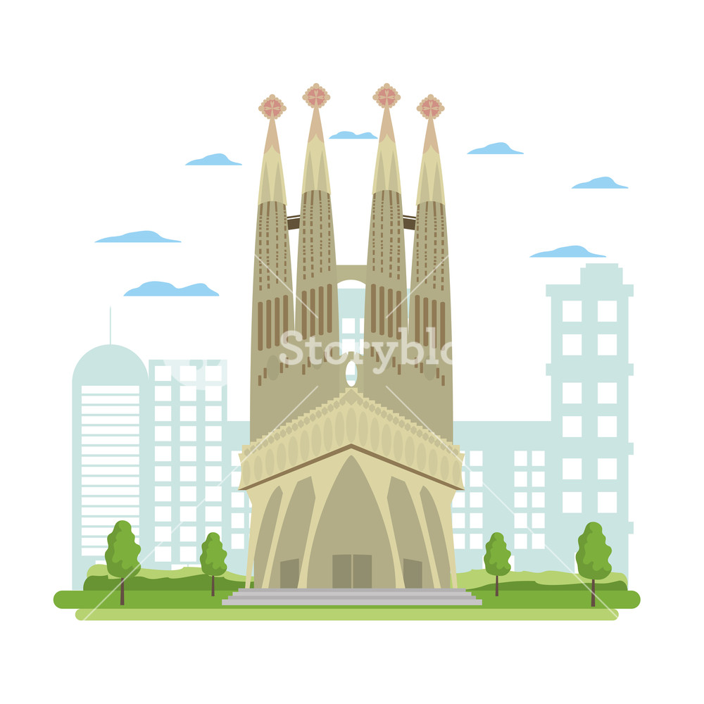 1000x1000 Sagrada Familia Tower And Nice Cityscape Vector Illustration