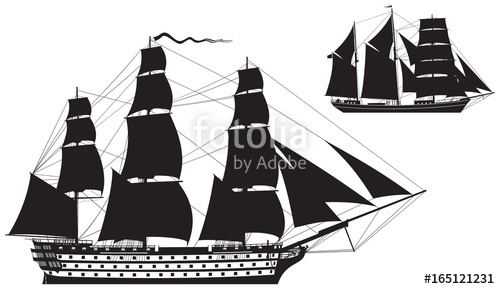 500x289 Ship Of The Line And Barquentine Silhouettes, Sailing Ship Vector