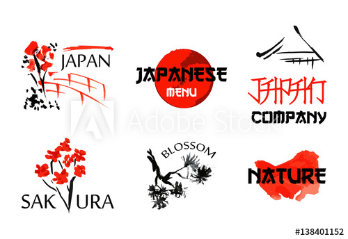 500x344 Logo Templates Set With Asia Landscapes, Buildings And Blossoming