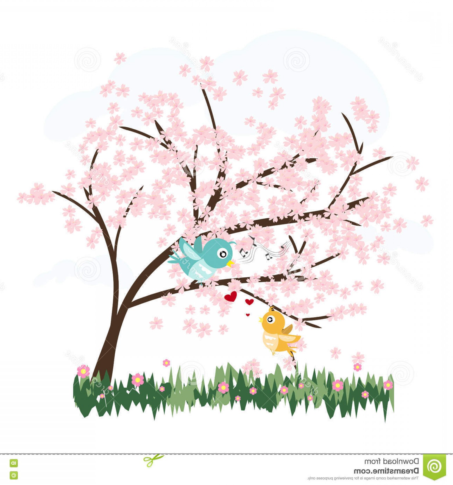 Stock Illustration Pink Sakura Trees Love Birds Vector White 1560x1668 Stock Illustration Pink Sakura Trees Love Birds Vector White