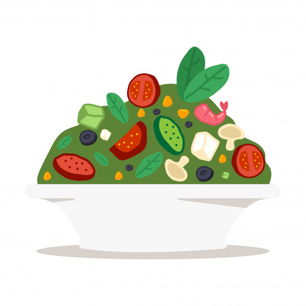 626x626 Salad Bowl With Vegetables, Cheese And Shrimps Vector Premium