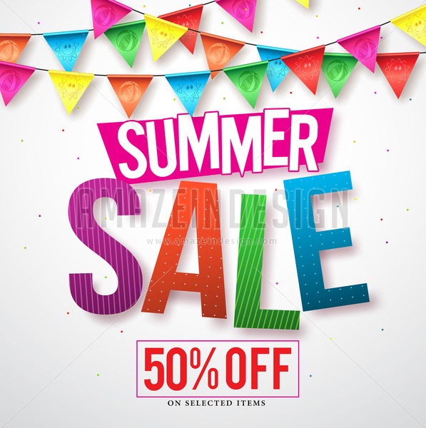 597x600 Summer Sale Vector Banner Design With Colorful Streamers Hanging