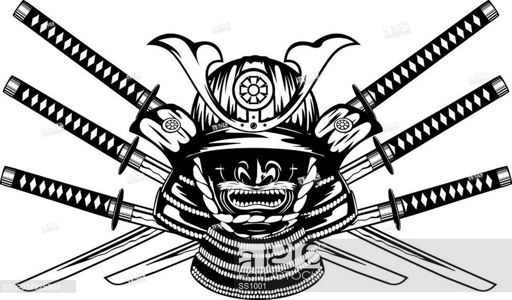 1050x616 Vector Illustration Samurai Helmet, Menpo With Yodare Kake