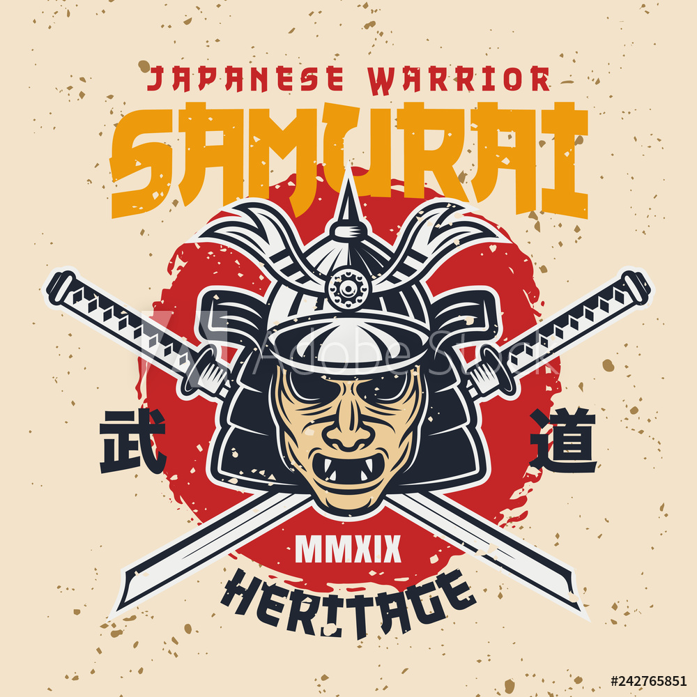 1000x1000 Photo Art Print Samurai Mask Vector Colored Retro Illustration