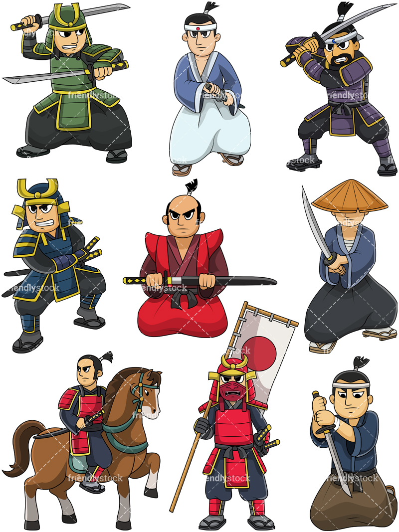 800x1067 Japanese Samurai Warriors Cartoon Vector Clipart