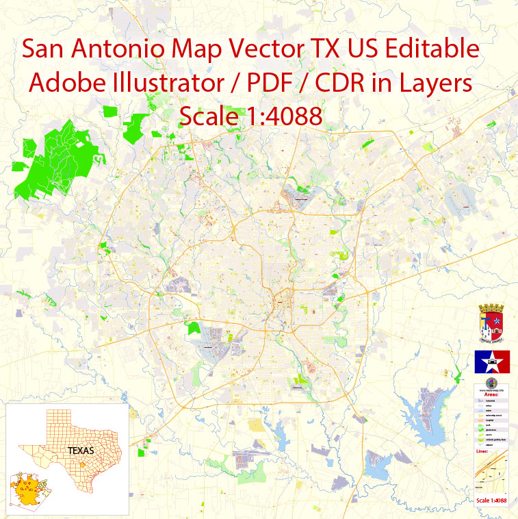 757x758 San Antonio Vector Map Texas Us Detailed City Plan Editable