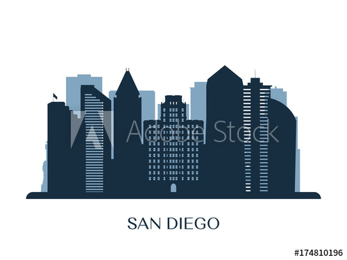 500x375 San Diego Skyline, Monochrome Silhouette Vector Illustration
