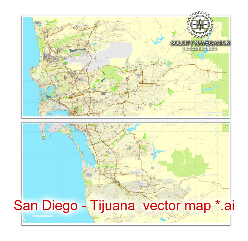 864x838 San Diego + Tijuana, California, Usmx Printable Vector Street City
