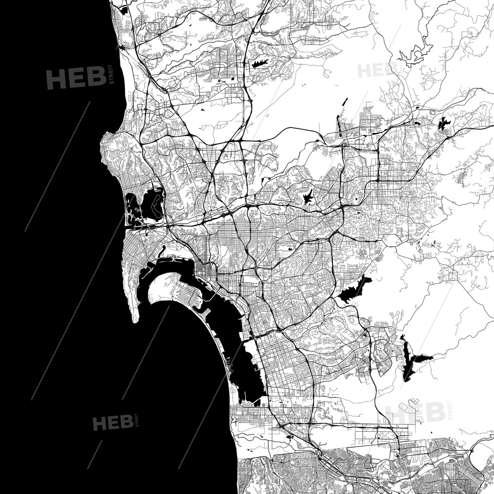 1000x1000 San Diego Monochrome Vector Map Hebstreits Sketches