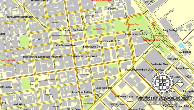 800x455 San Francisco, California, Us Printable Vector Street City Plan