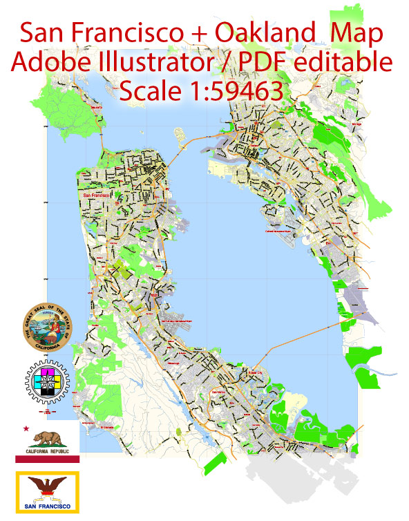 592x754 San Francisco + Oakland Map Vector City Plan Illustrator Street Map