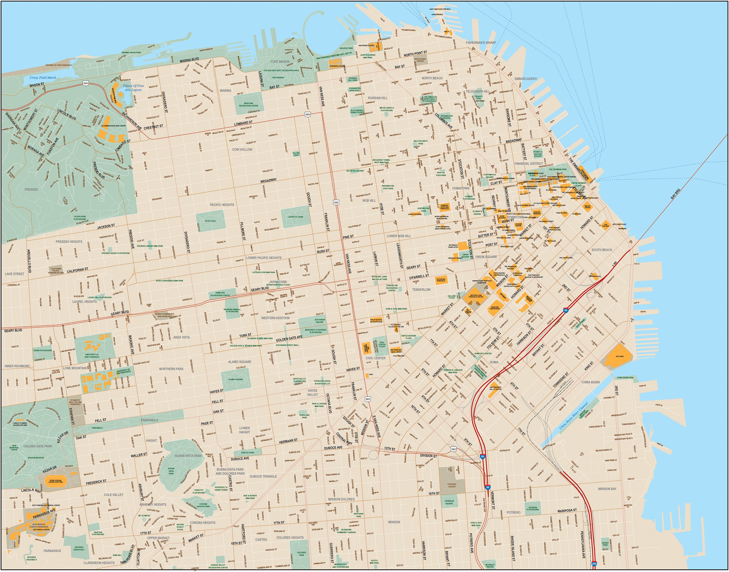 2500x1961 San Francisco Downtown Map With Local Streets