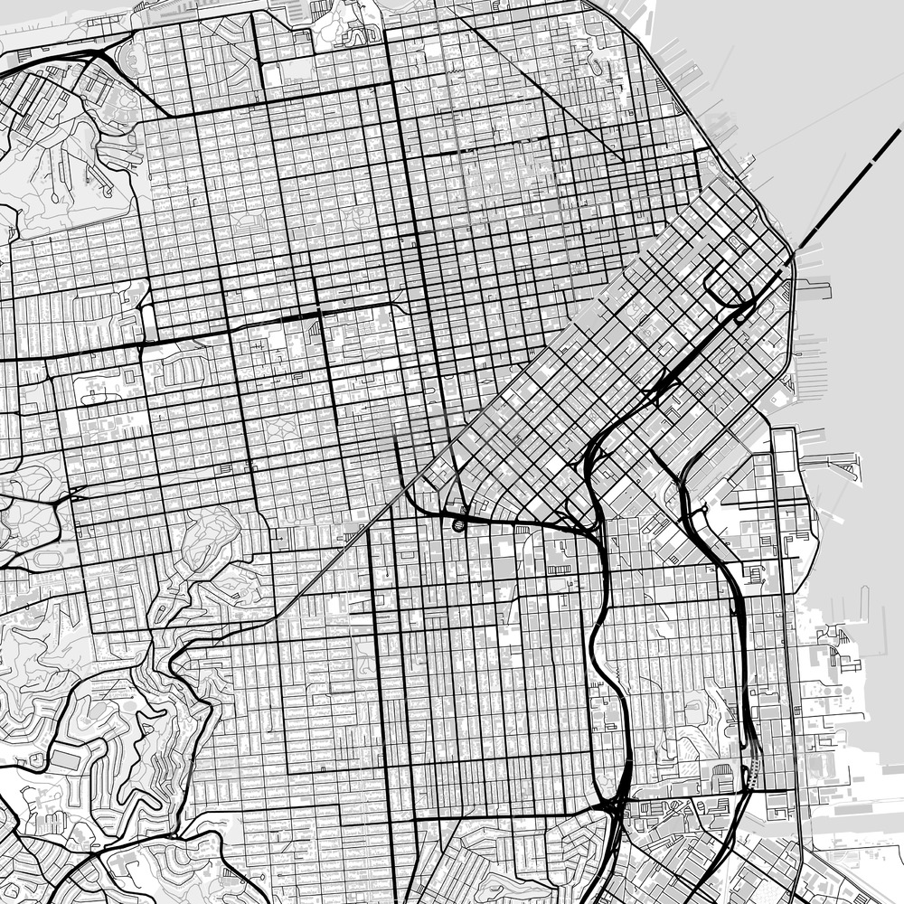 1000x1000 Downtown Map Of San Francisco, Light Hebstreits Sketches