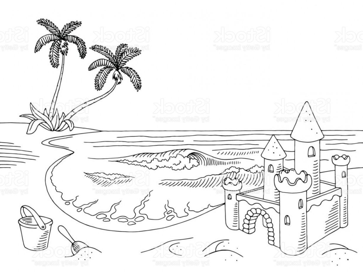 Sea Coast Graphic Sand Castle Black White Landscape Sketch 1228x921 Sea Coast Graphic Sand Castle Black White Landscape Sketch
