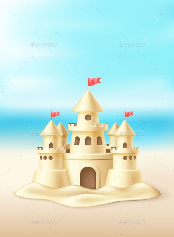 Vector Realistic Sand Castle With Towers, Flags On Beach Coast 590x801 Vector Realistic Sand Castle With Towers, Flags On Beach Coast