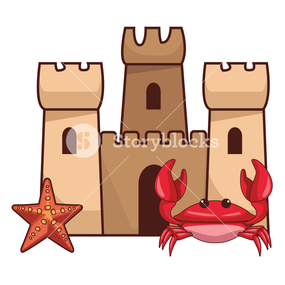 Summer Beach Sand Castle With Crab And Sea Star Vector 1000x1000 Summer Beach Sand Castle With Crab And Sea Star Vector