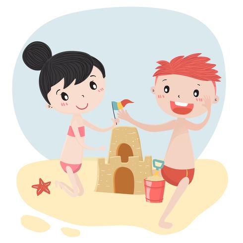 490x490 Cute Kids Boy And Girl Build Sandcastle In Summer Flat Vector