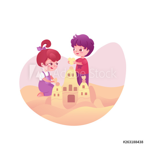 500x500 Cute Kids With Sandcastle Vector Illustration