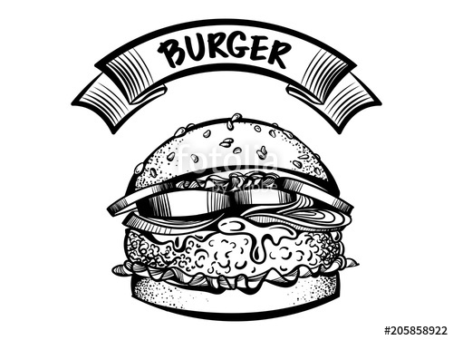 500x375 Burger Vector Illustration Hand Drawn Graphic Style With Ribbon