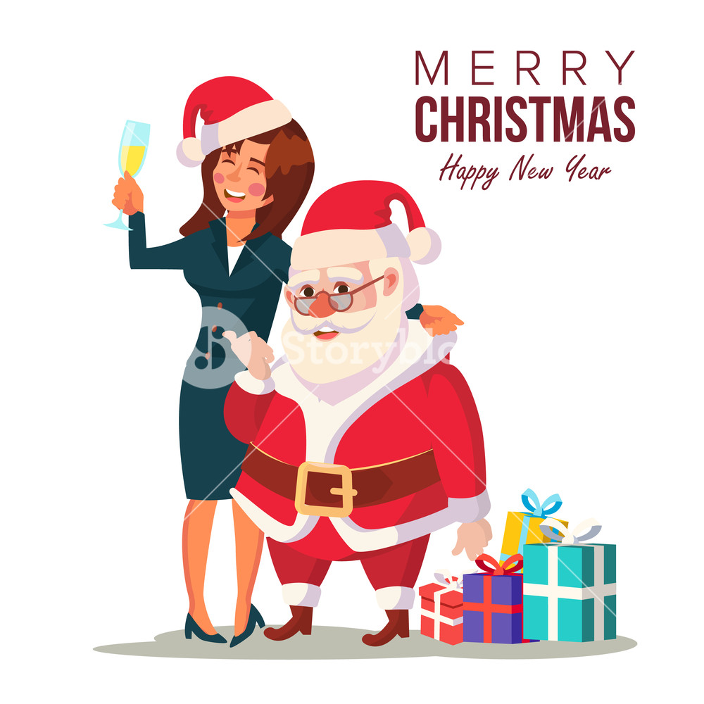 1000x1000 Drunk Woman And Funny Santa Claus Vector Corporate Christmas