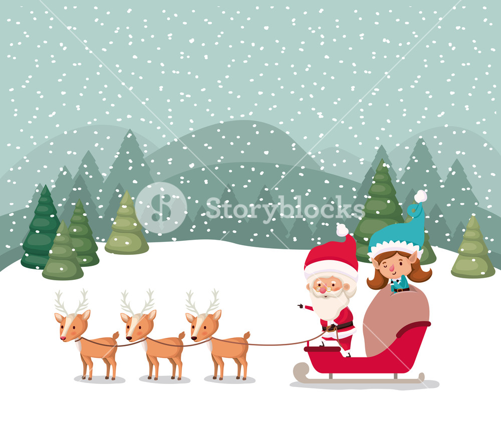 1000x841 Santa Claus And Girl Helper With Sled And Reindeer Vector