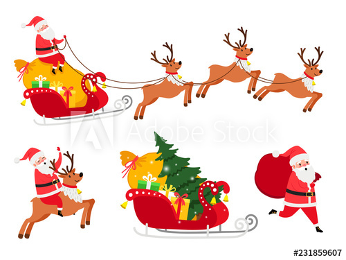 New Year Icons Set, Deers And Christmas Tree, Santa Sledge Vector 500x375 New Year Icons Set, Deers And Christmas Tree, Santa Sledge Vector