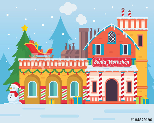 500x400 Cute Santa's Workshop Building Illustration, Suitable For Merry