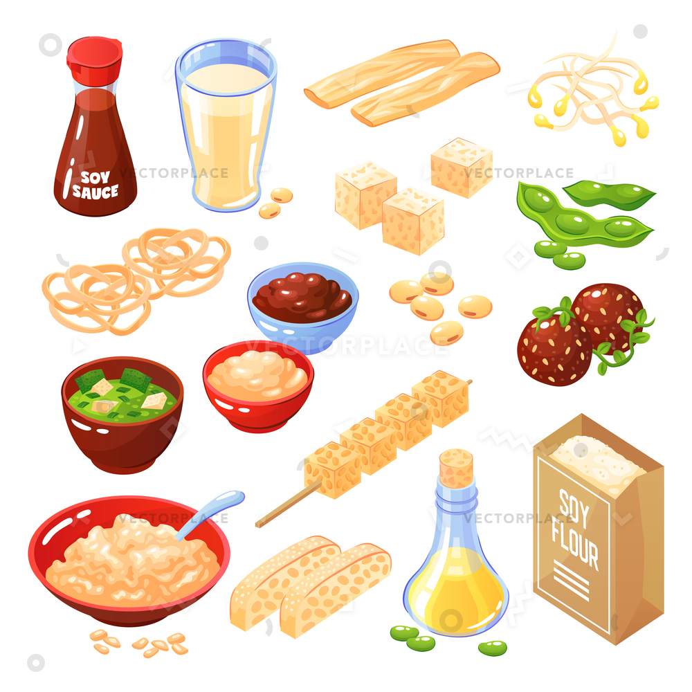1000x1000 Soya Products Isolated Icons Set Cheese Vector Illustration