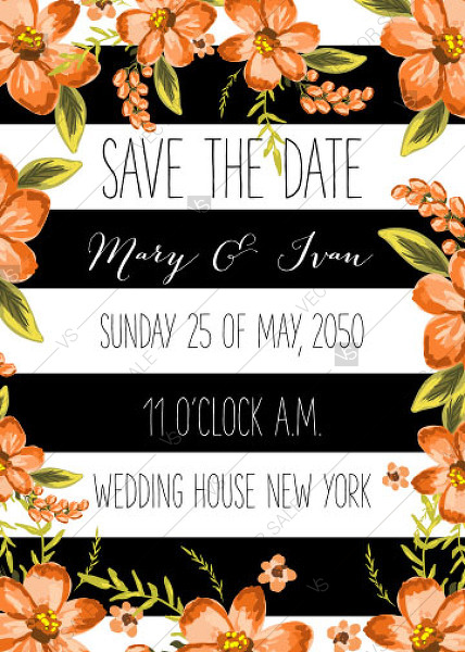 428x600 Hibiscus Orange Save The Date Vector Invitation Card Striped