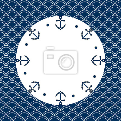 400x400 Round Navy Frame With Anchors And Dots, On A Scallop, Vector